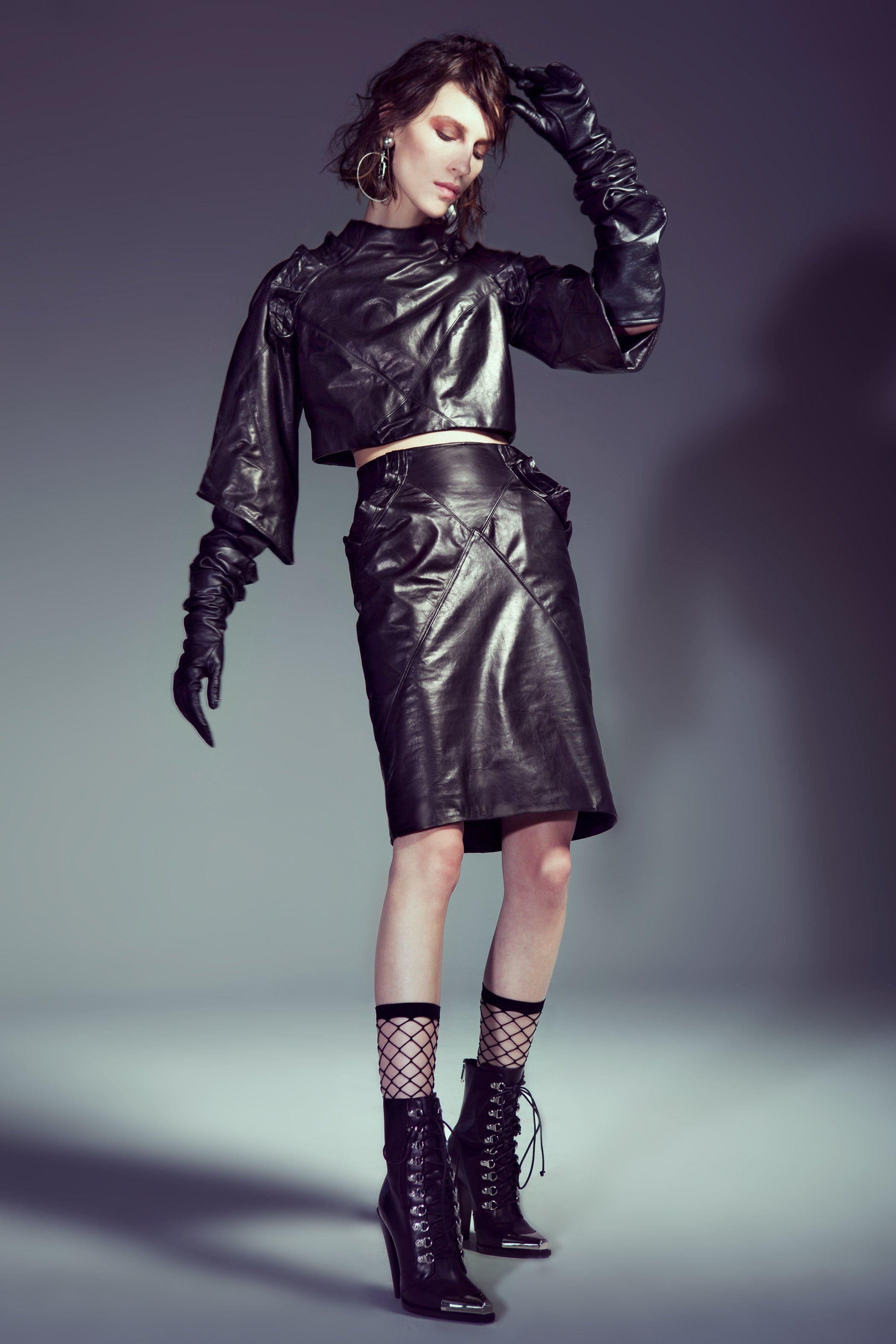 Black Leather Knee Length Skirt with Ruffles MUCCIOLO