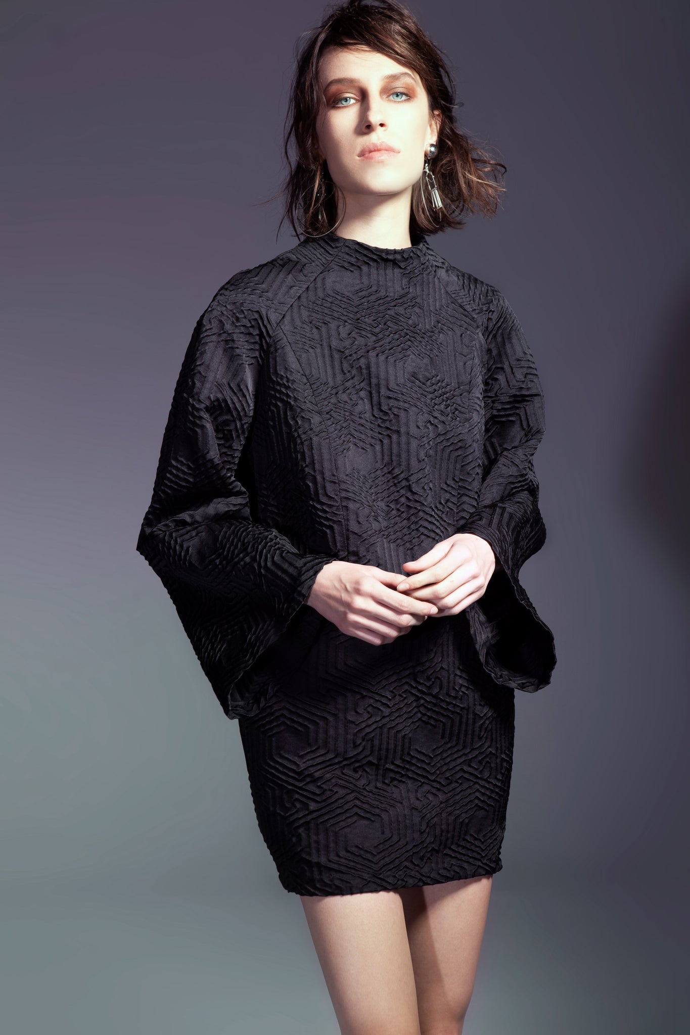 black mini dress bell sleeves Black Graphic Cloqué Mini Dress with Bell Sleeves – MUCCIOLO