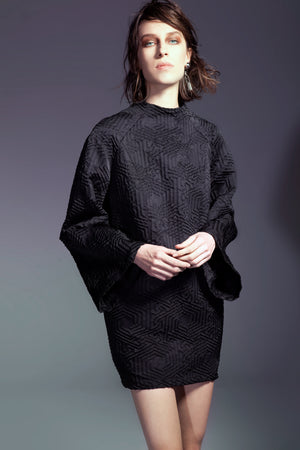 Black Graphic Cloqu Mini Dress with Bell Sleeves MUCCIOLO Black Graphic Cloqu Mini Dress with Bell Sleeves MUCCIOLO