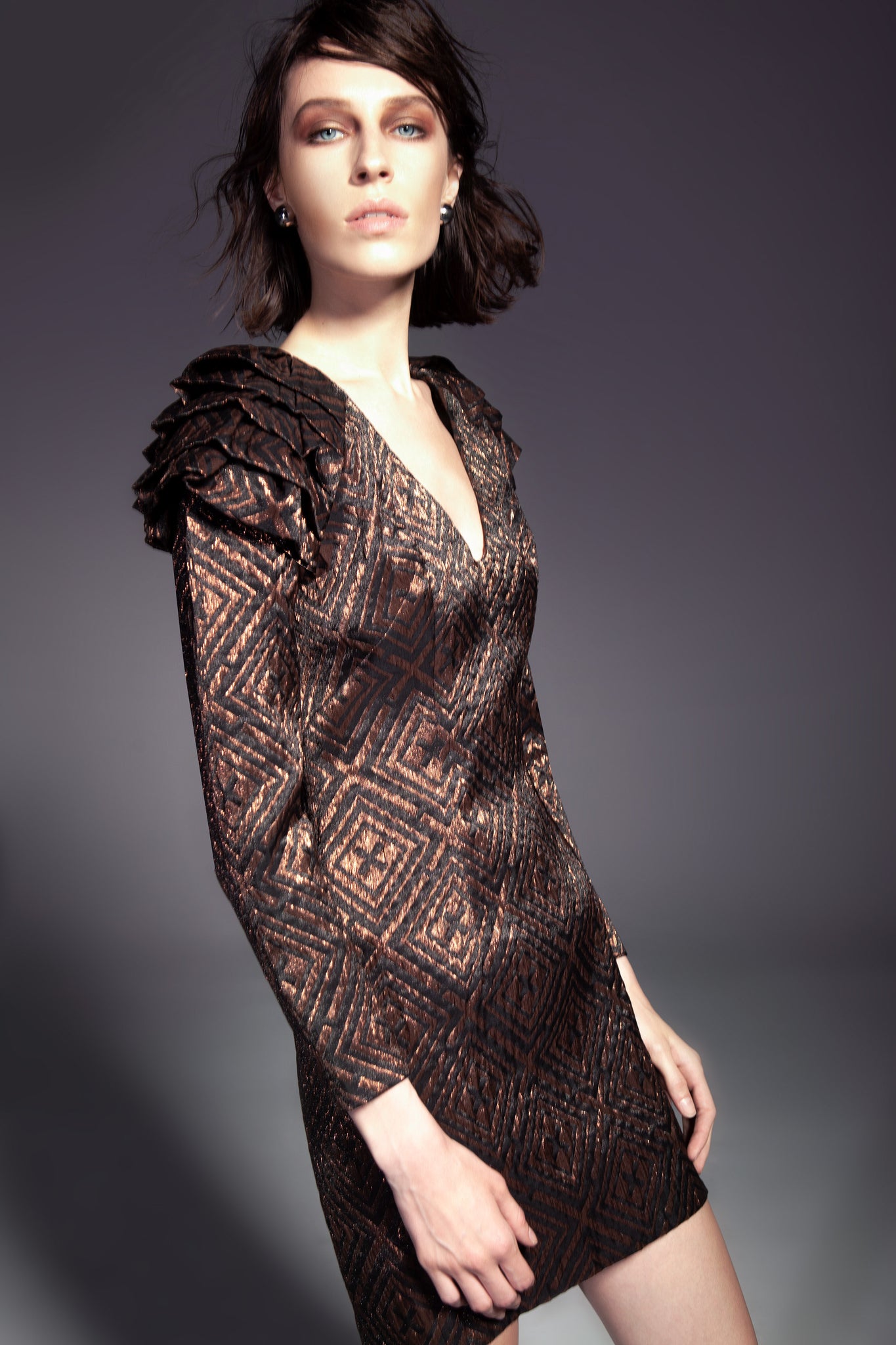Black & Copper Graphic Ruffle Mini Dress Black & Copper Graphic Ruffle Mini Dress
