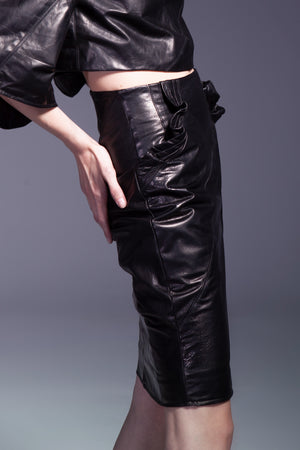 Black Leather Knee Length Skirt with Ruffles