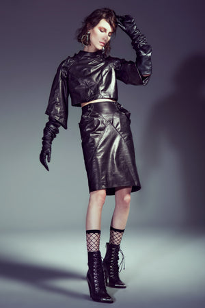 Black Leather Knee Length Skirt with Ruffles