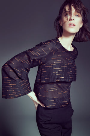Black and Copper Pattern Pleated Top