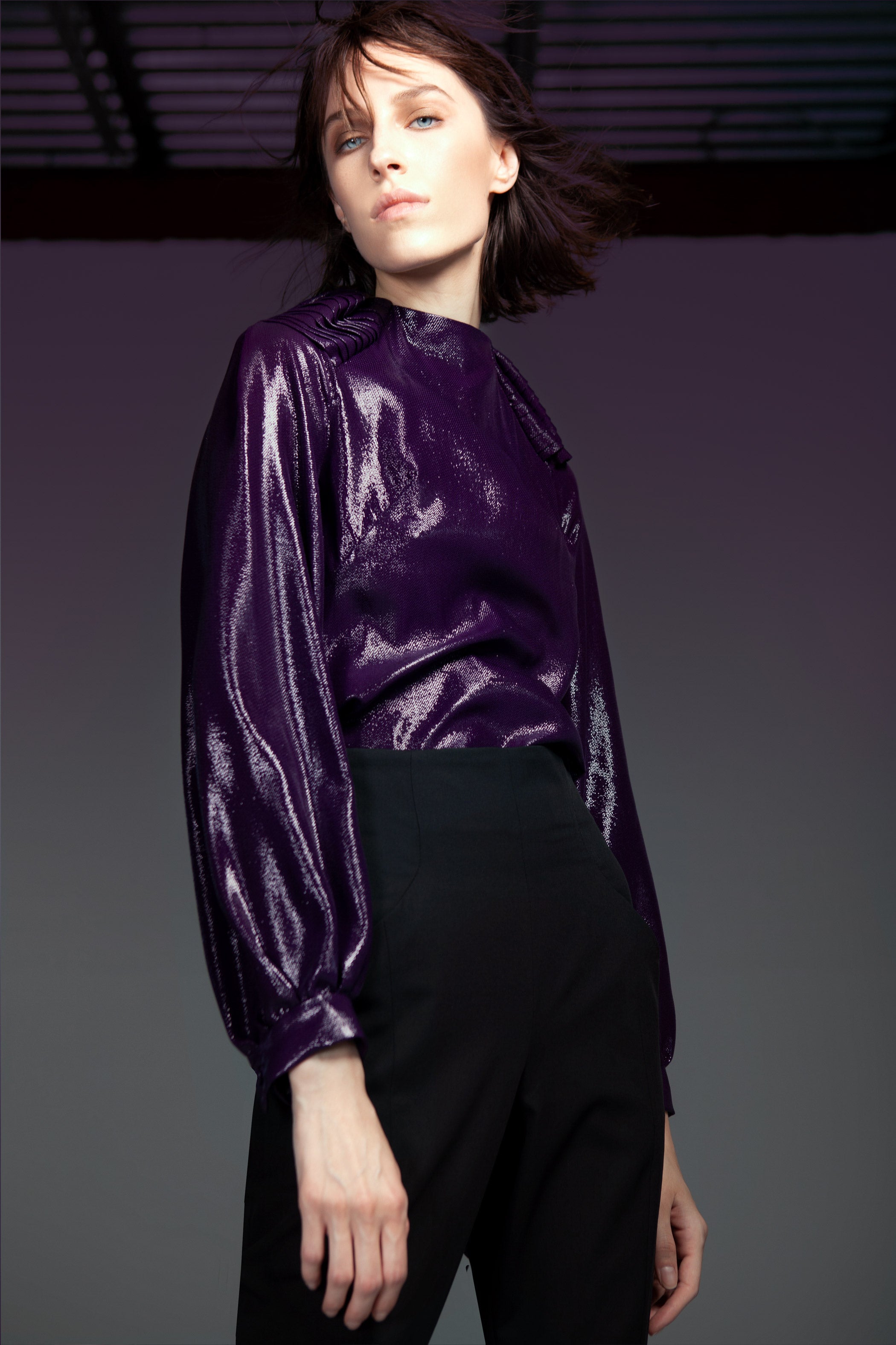 Plum Shiny Top with Pleated Shoulder Detail – MUCCIOLO