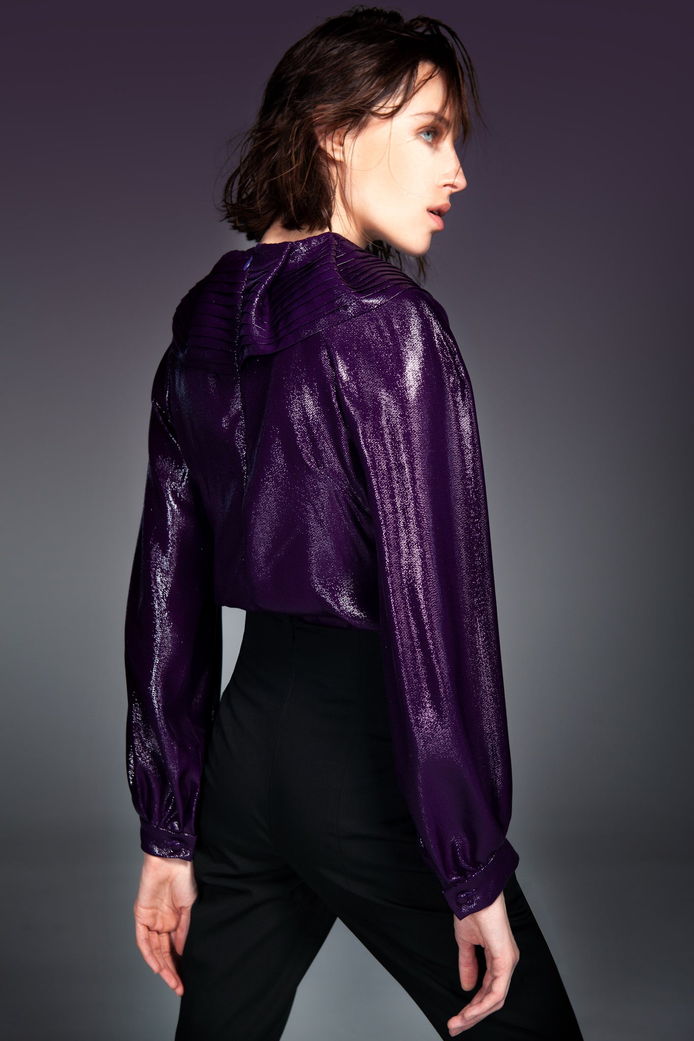 Plum Shiny Top with Pleated Shoulder Detail