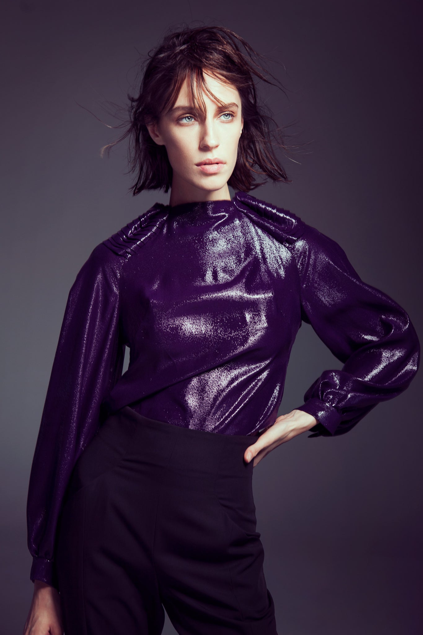 Plum Shiny Top with Pleated Shoulder Detail